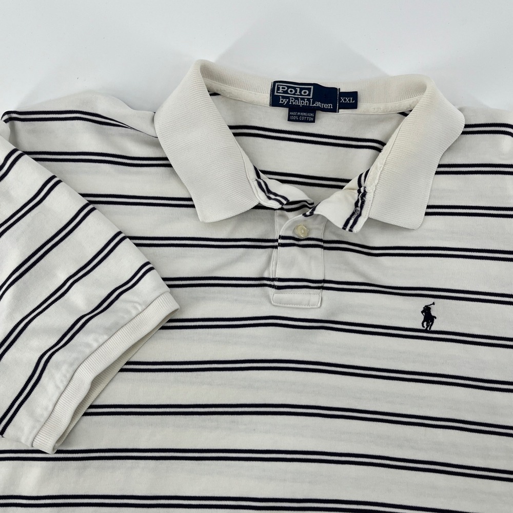 Polo Ralph Lauren Mens XXL Cream Navy Blue Striped Short Sleeve Polo Shirt